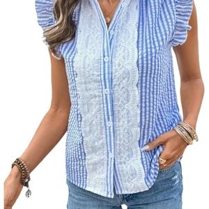 Women's Blue Striped Lace-Trim Button Front Top